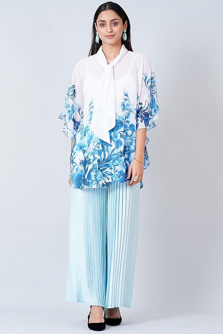 Powder Blue Polyester Georgette & Satin Pant Set by First Resort by Ramola Bachchan at Pernia's Pop Up Shop