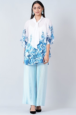 Powder Blue Polyester Georgette & Satin Pant Set by First Resort by Ramola Bachchan