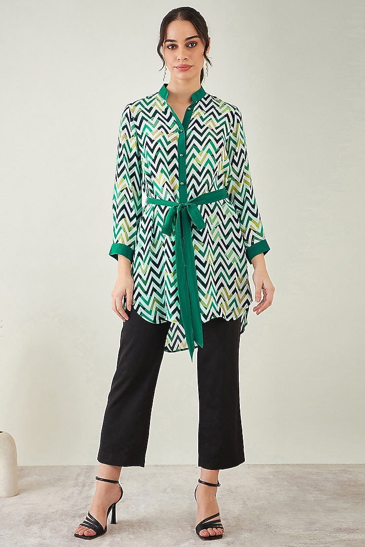 Green & White Viscose Crepe Chevron Summer Shirt Dress by First Resort by Ramola Bachchan at Pernia's Pop Up Shop