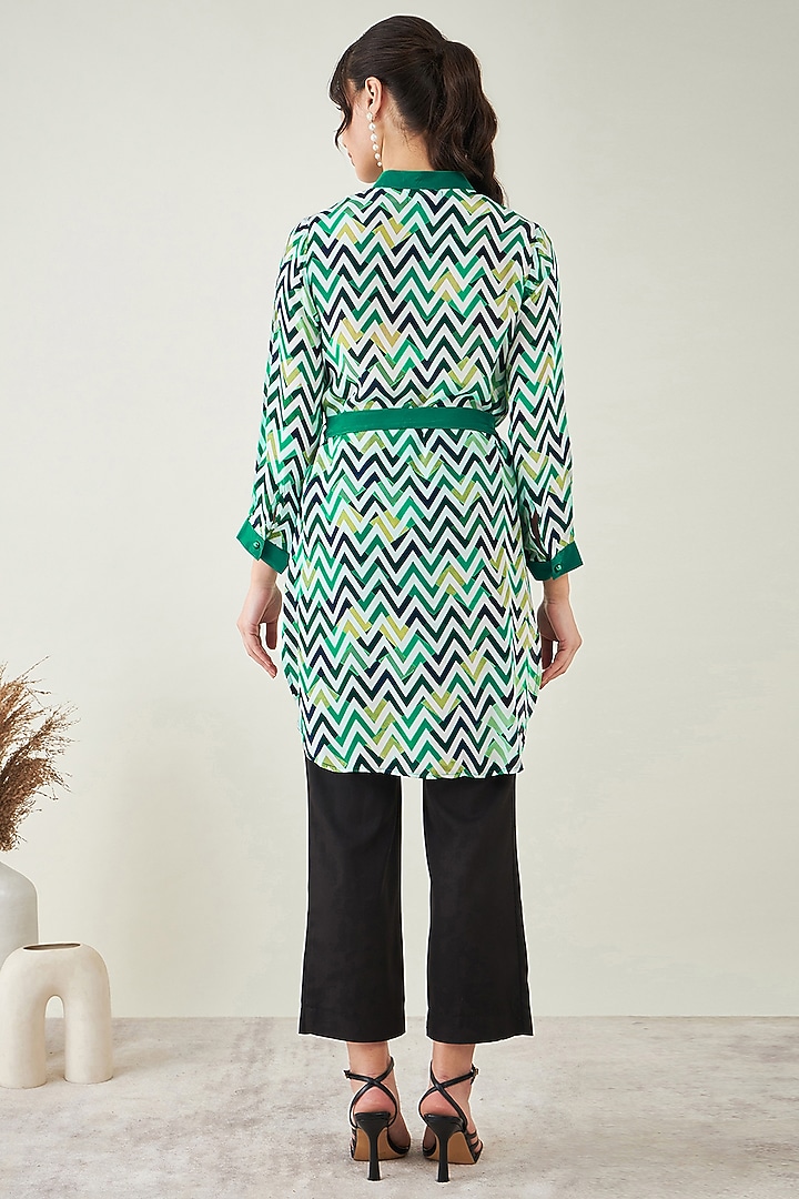 Green & White Viscose Crepe Chevron Summer Shirt Dress by First Resort by Ramola Bachchan at Pernia's Pop Up Shop