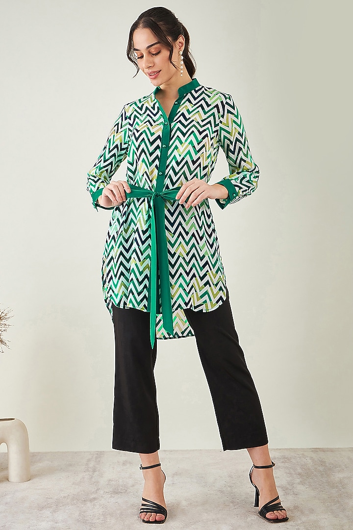 Green & White Viscose Crepe Chevron Summer Shirt Dress by First Resort by Ramola Bachchan at Pernia's Pop Up Shop