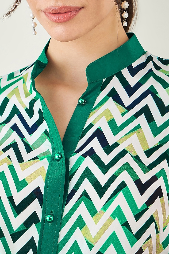Green & White Viscose Crepe Chevron Summer Shirt Dress by First Resort by Ramola Bachchan at Pernia's Pop Up Shop