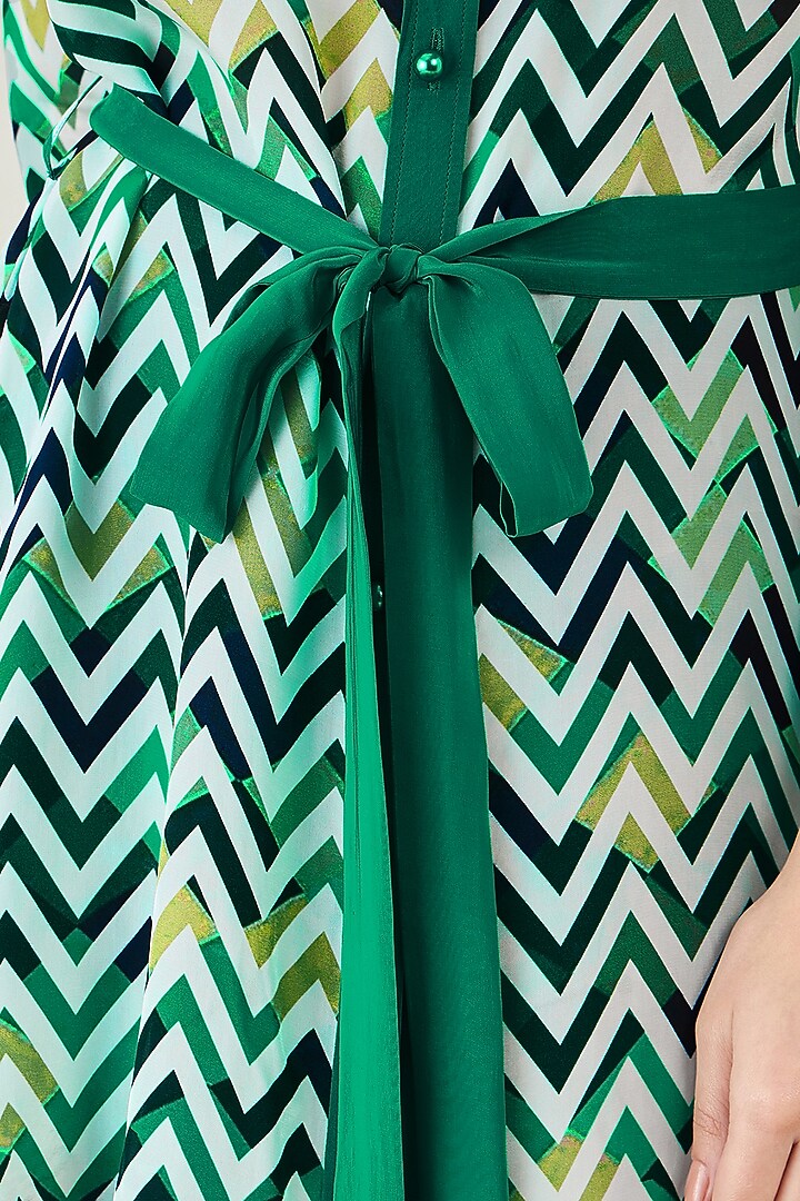 Green & White Viscose Crepe Chevron Summer Shirt Dress by First Resort by Ramola Bachchan at Pernia's Pop Up Shop