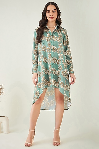 Green & Brown Modal Satin Floral Printed High-Low Dress by First Resort by Ramola Bachchan