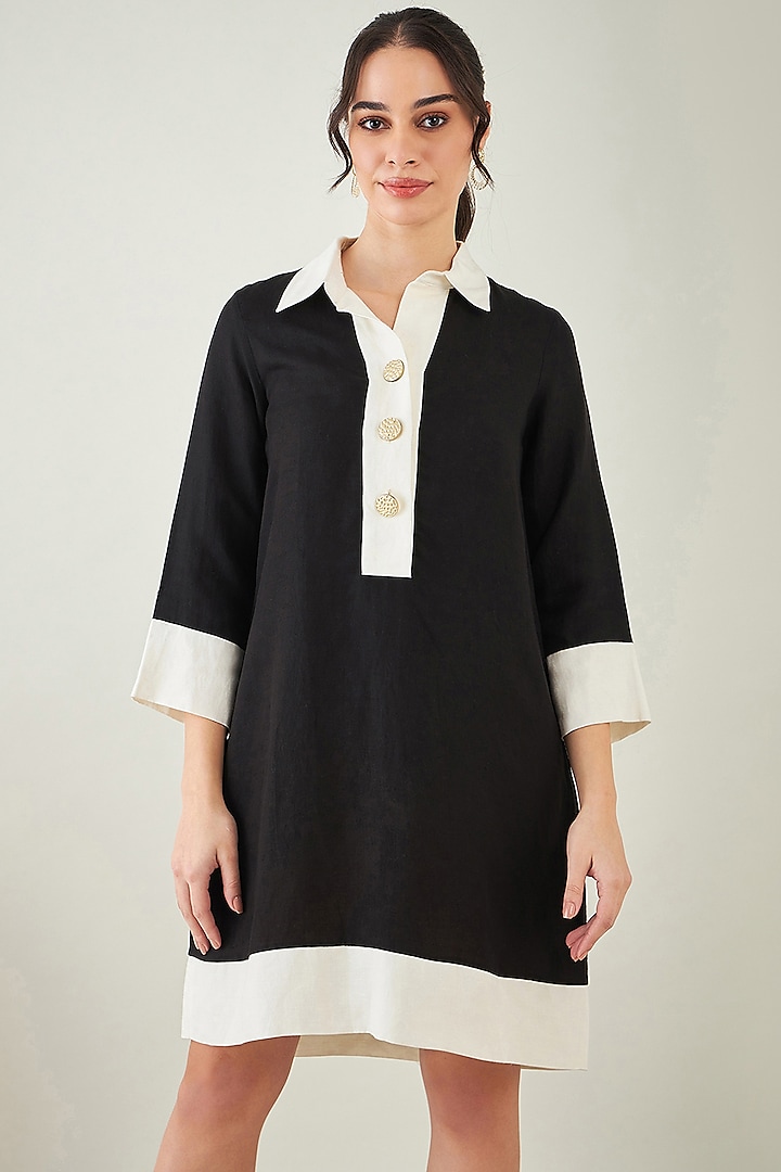 Black & Off-White Linen Shirt Dress by First Resort by Ramola Bachchan at Pernia's Pop Up Shop