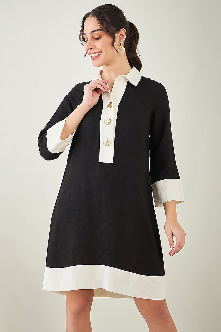 Black & Off-White Linen Summer Shirt Dress by First Resort by Ramola Bachchan at Pernia's Pop Up Shop