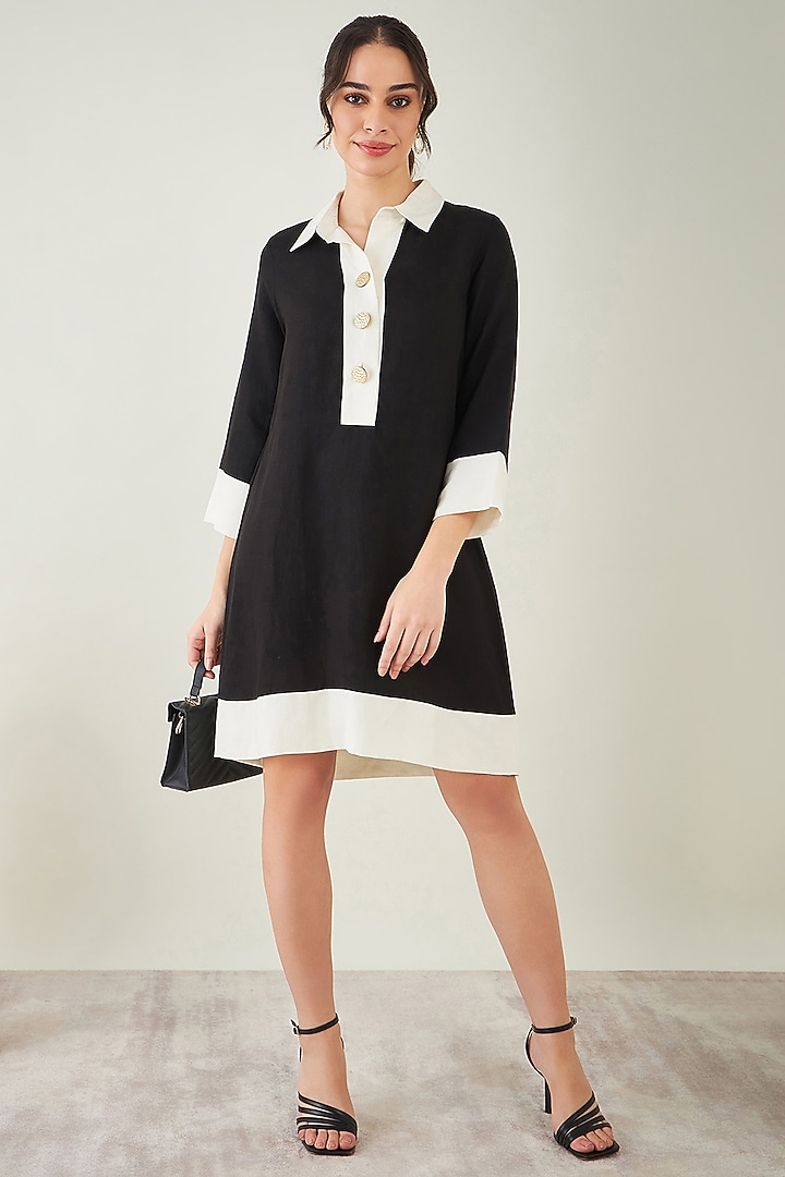 Black & Off-White Linen Summer Shirt Dress by First Resort by Ramola Bachchan at Pernia's Pop Up Shop