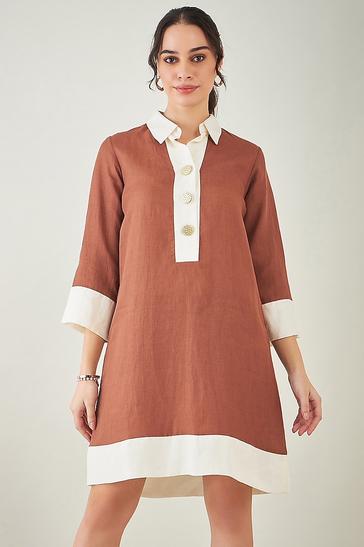 Brown & Off-White Linen Shirt Dress by First Resort by Ramola Bachchan at Pernia's Pop Up Shop