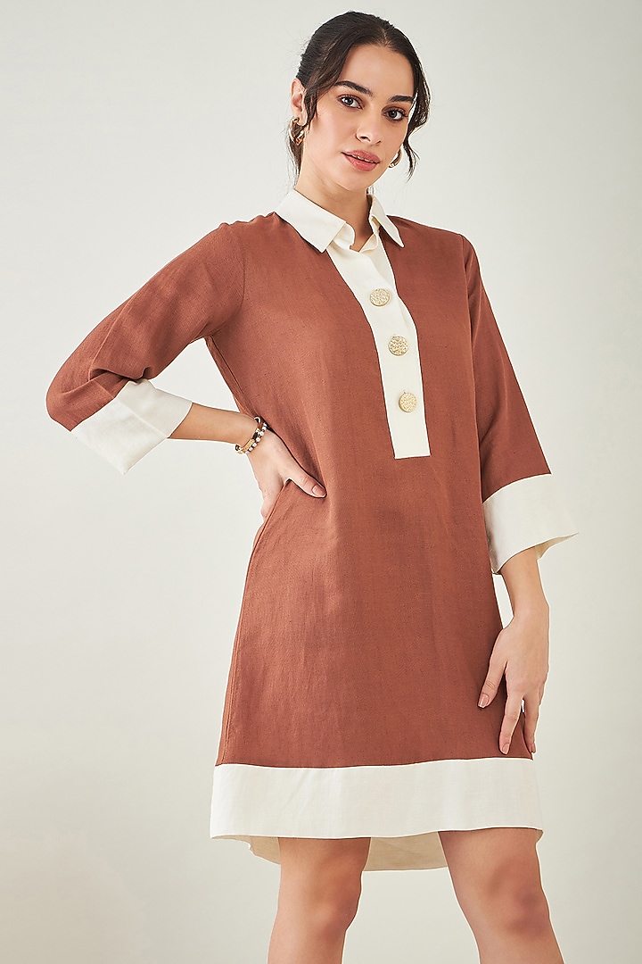 Brown & Off-White Linen Summer Shirt Dress by First Resort by Ramola Bachchan at Pernia's Pop Up Shop