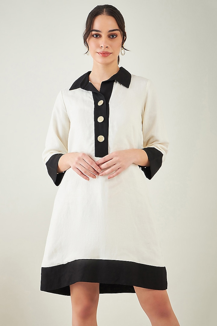 Off-White & Black Linen Shirt Dress by First Resort by Ramola Bachchan at Pernia's Pop Up Shop