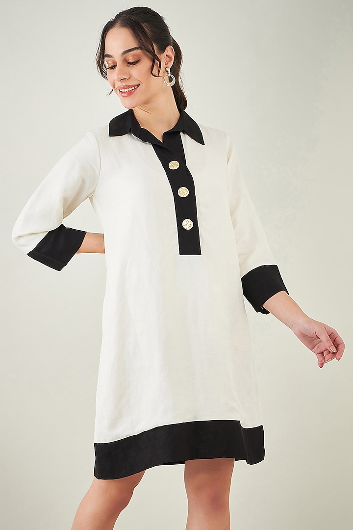 Off-White & Black Linen Summer Shirt Dress by First Resort by Ramola Bachchan at Pernia's Pop Up Shop