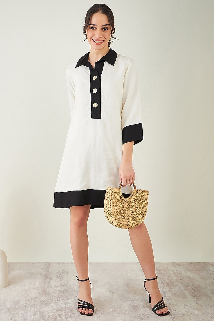 Off-White & Black Linen Summer Shirt Dress by First Resort by Ramola Bachchan at Pernia's Pop Up Shop