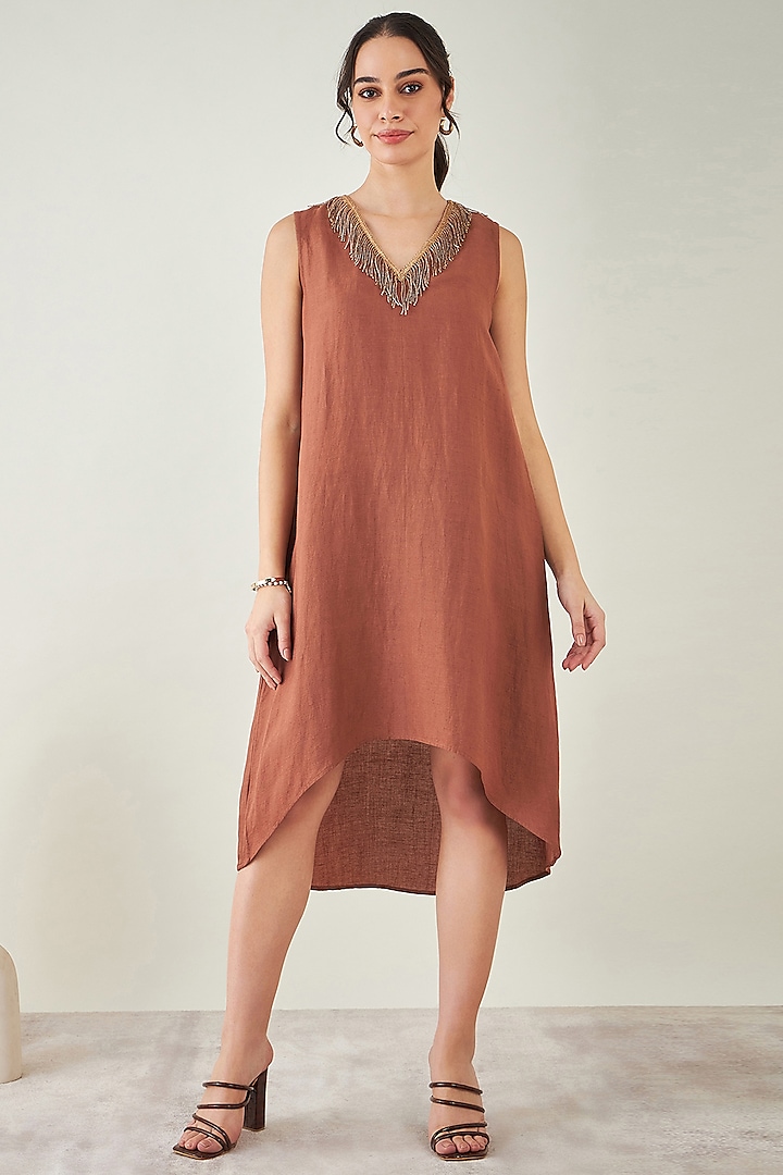 Brown Linen A-Line Shirt Dress by First Resort by Ramola Bachchan at Pernia's Pop Up Shop