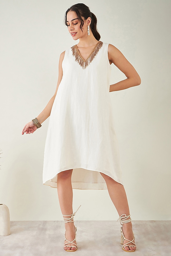 Off-White Linen A-Line Summer Shirt Dress by First Resort by Ramola Bachchan at Pernia's Pop Up Shop