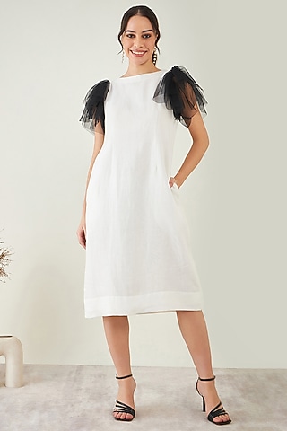 Off-White Linen Midi Dress by First Resort by Ramola Bachchan
