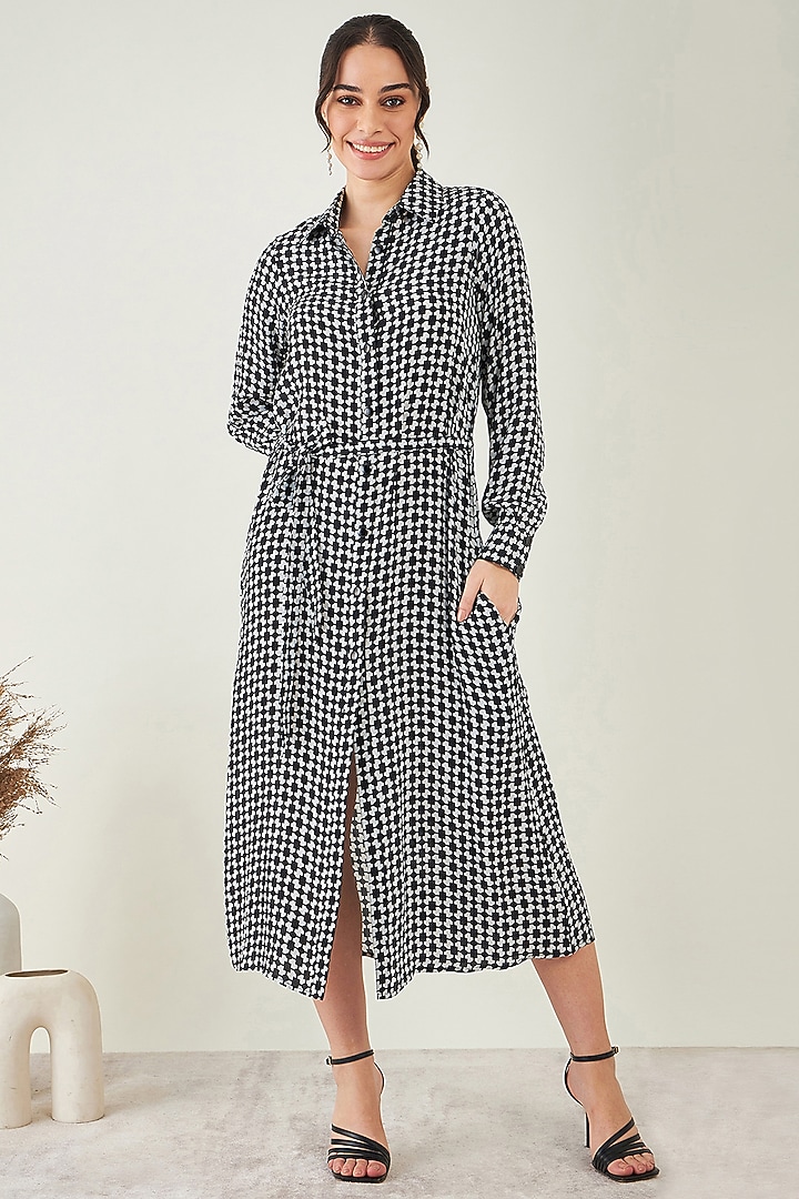 Black & White Viscose Crepe Geometric Printed Summer Shirt Dress by First Resort by Ramola Bachchan at Pernia's Pop Up Shop