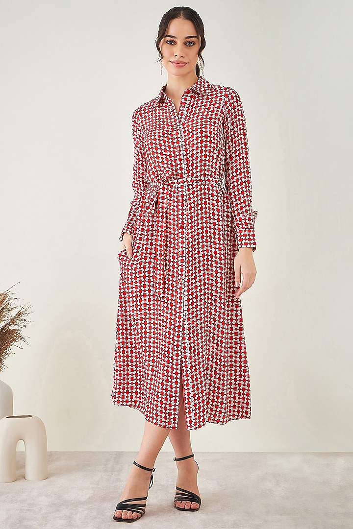 Red & White Viscose Crepe Geometric Printed Summer Shirt Dress by First Resort by Ramola Bachchan at Pernia's Pop Up Shop