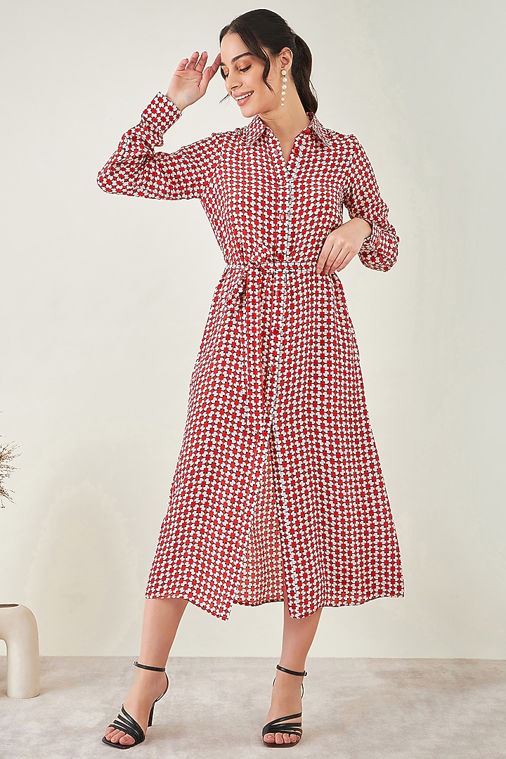 Red & White Viscose Crepe Geometric Printed Summer Shirt Dress by First Resort by Ramola Bachchan at Pernia's Pop Up Shop