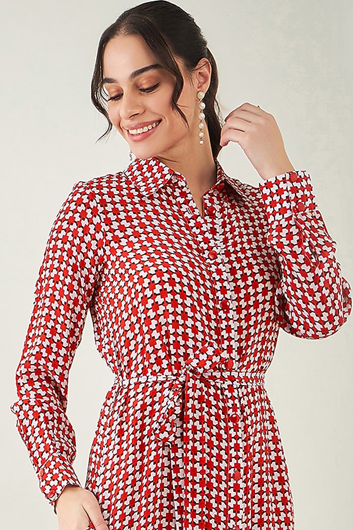 Red & White Viscose Crepe Geometric Printed Summer Shirt Dress by First Resort by Ramola Bachchan at Pernia's Pop Up Shop