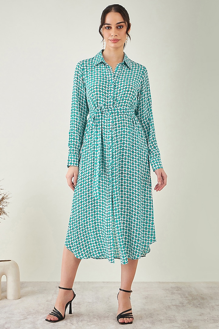 Turquoise & White Viscose Crepe Geometric Printed Shirt Dress Design by ...