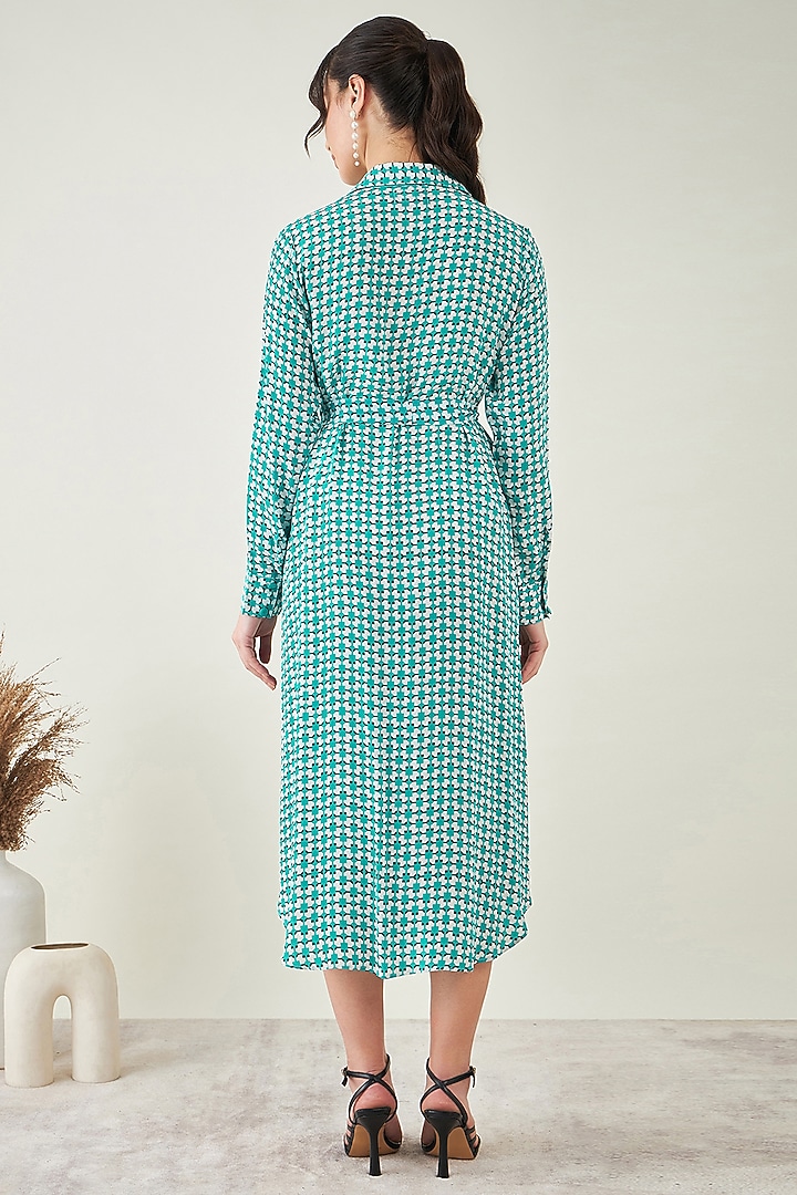 Turquoise & White Viscose Crepe Geometric Printed Summer Shirt Dress by First Resort by Ramola Bachchan at Pernia's Pop Up Shop