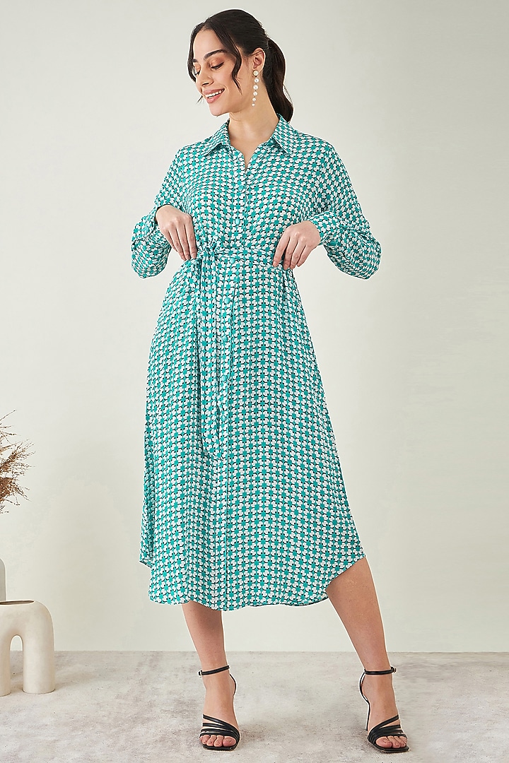 Turquoise & White Viscose Crepe Geometric Printed Summer Shirt Dress by First Resort by Ramola Bachchan at Pernia's Pop Up Shop