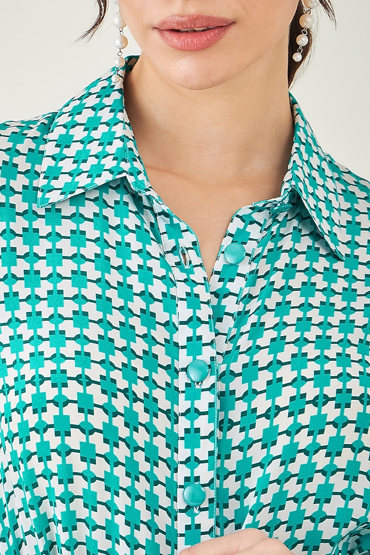 Turquoise & White Viscose Crepe Geometric Printed Summer Shirt Dress by First Resort by Ramola Bachchan at Pernia's Pop Up Shop