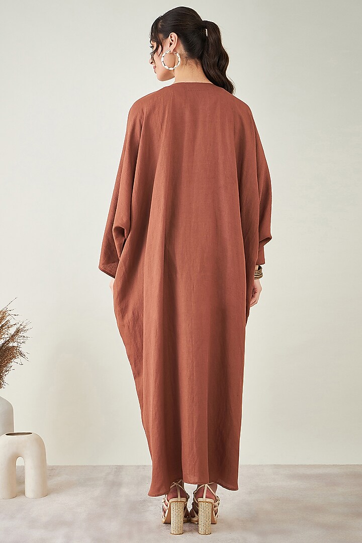 Brown Linen Pearl Embroidered Kaftan by First Resort by Ramola Bachchan at Pernia's Pop Up Shop