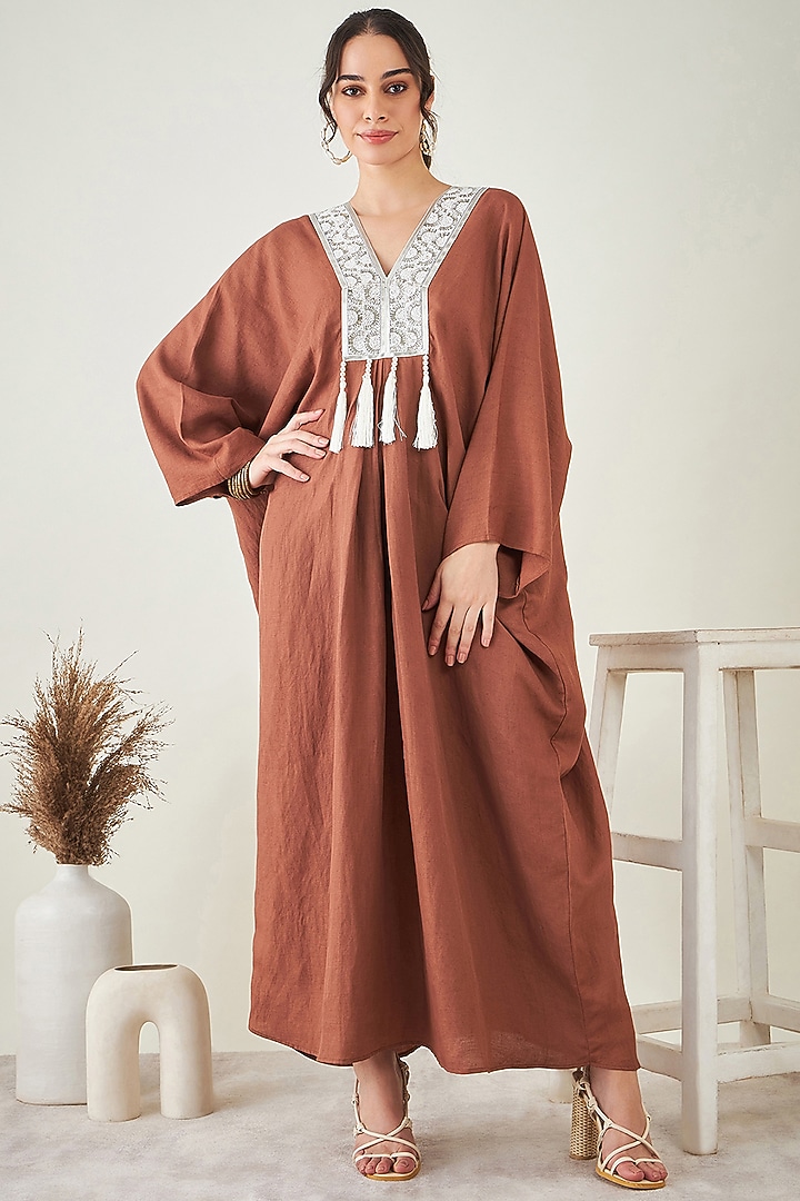 Brown Linen Pearl Embroidered Kaftan by First Resort by Ramola Bachchan at Pernia's Pop Up Shop