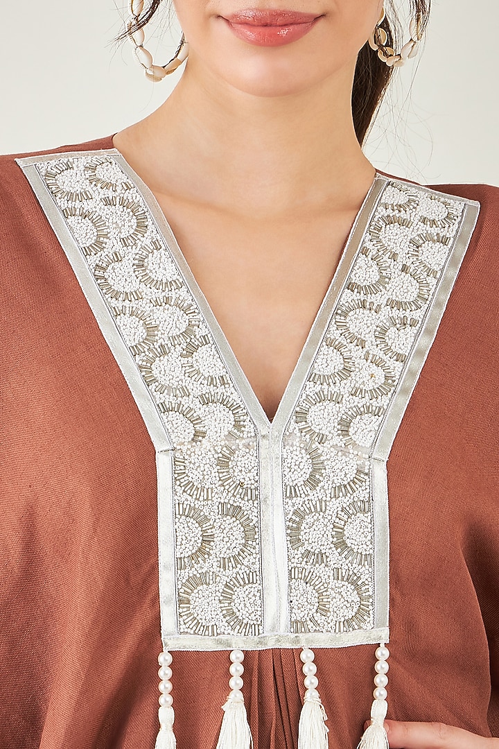 Brown Linen Pearl Embroidered Kaftan by First Resort by Ramola Bachchan at Pernia's Pop Up Shop