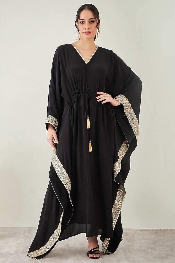 Black Viscose Crepe Gota Lace Embroidered Kaftan Design by First Resort ...