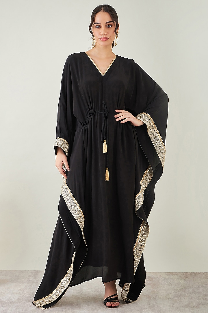 Black Viscose Crepe Gota Lace Embroidered Kaftan by First Resort by Ramola Bachchan at Pernia's Pop Up Shop