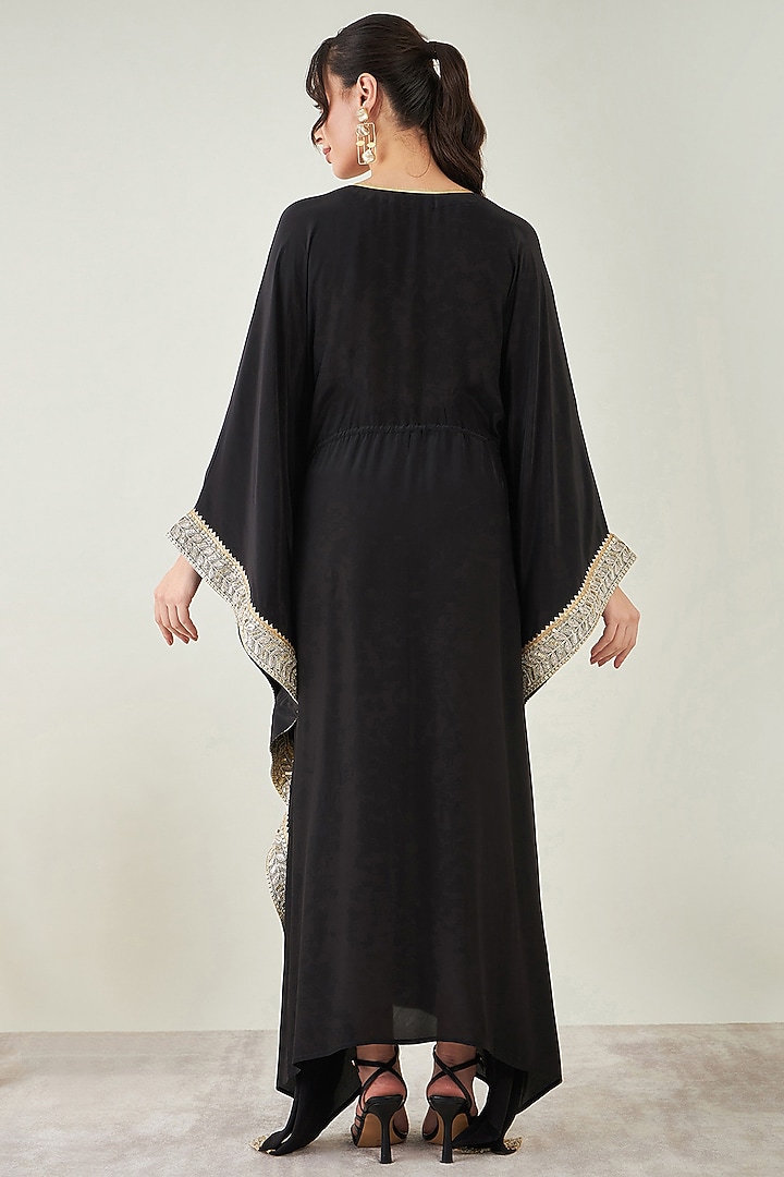 Black Viscose Crepe Gota Lace Embroidered Kaftan by First Resort by Ramola Bachchan at Pernia's Pop Up Shop
