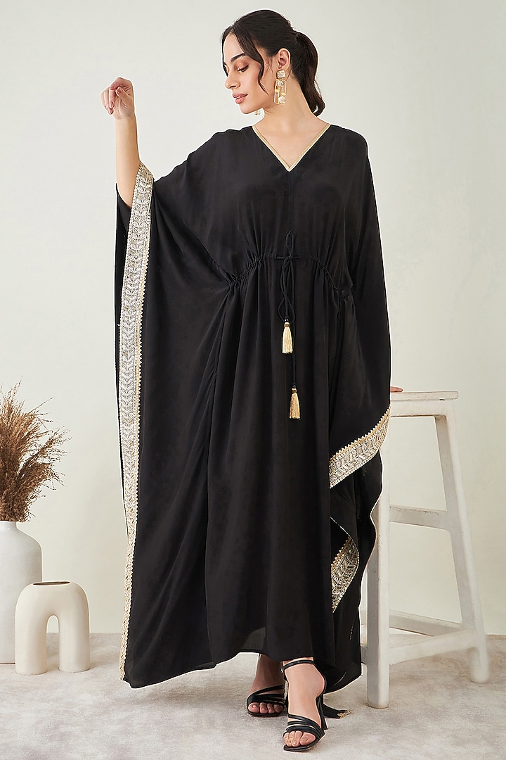 Black Viscose Crepe Gota Lace Embroidered Kaftan by First Resort by Ramola Bachchan at Pernia's Pop Up Shop