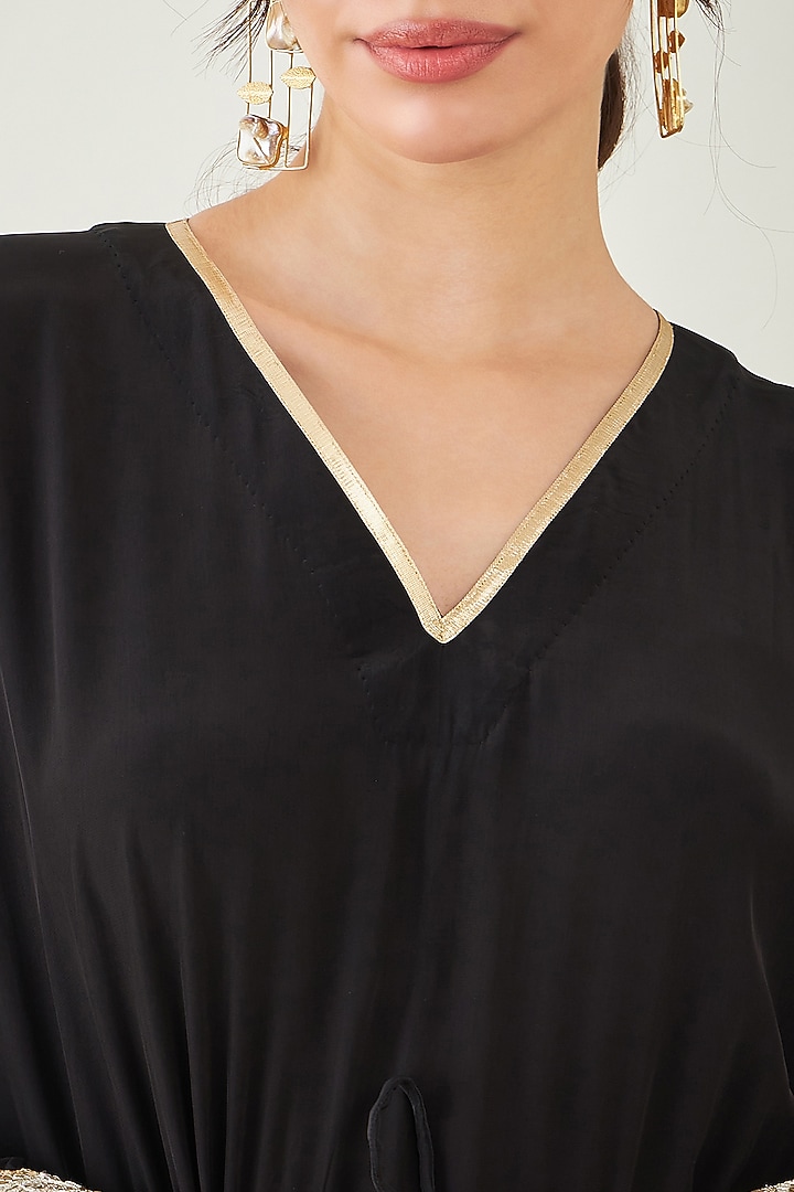Black Viscose Crepe Gota Lace Embroidered Kaftan by First Resort by Ramola Bachchan at Pernia's Pop Up Shop