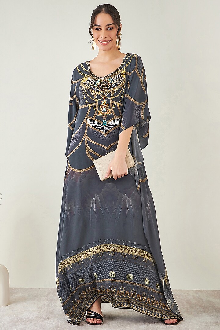 Grey & Gold Silk Crystal Embellished Kaftan by First Resort by Ramola Bachchan at Pernia's Pop Up Shop