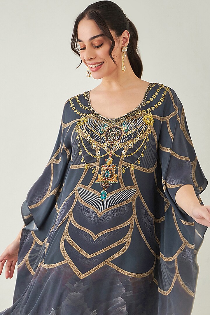 Grey & Gold Silk Crystal Embellished Kaftan by First Resort by Ramola Bachchan at Pernia's Pop Up Shop