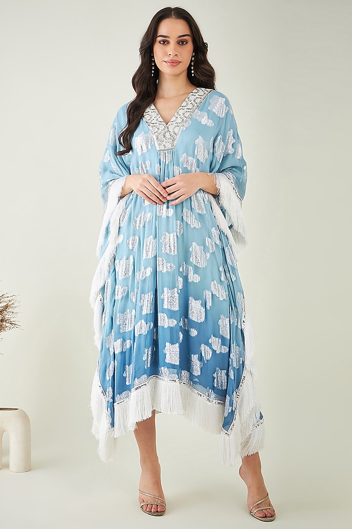 Blue Ombre Lurex Pearl Embroidered Mid-Length Kaftan by First Resort by Ramola Bachchan