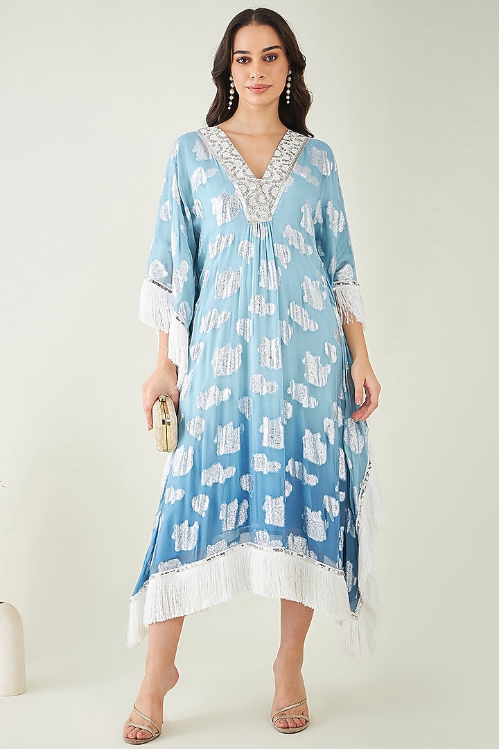 Blue Ombre Lurex Pearl Embroidered Mid-Length Kaftan by First Resort by Ramola Bachchan at Pernia's Pop Up Shop