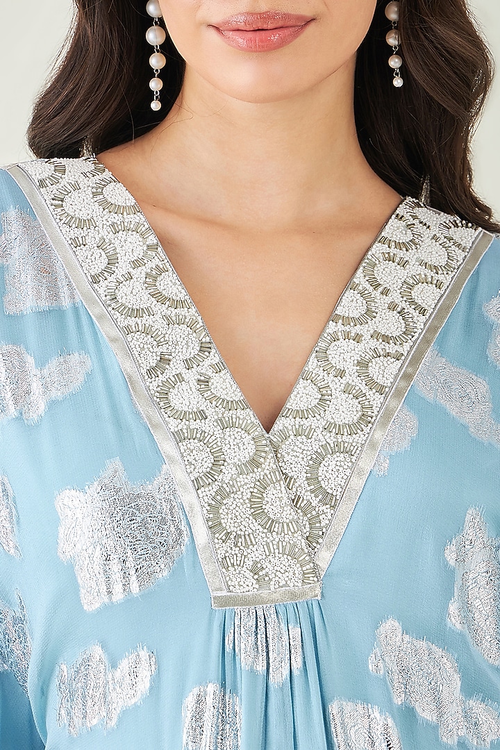 Blue Ombre Lurex Pearl Embroidered Mid-Length Kaftan by First Resort by Ramola Bachchan at Pernia's Pop Up Shop