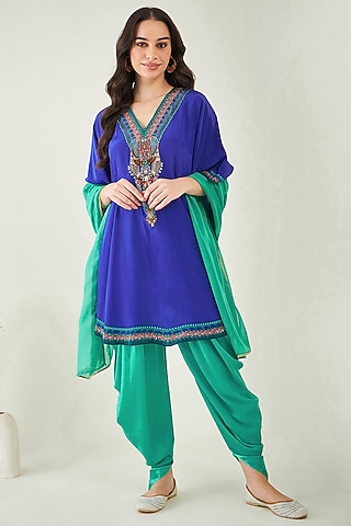 Blue Viscose Crepe & Bamberg Satin Crystal Embellished Tunic Set by First Resort by Ramola Bachchan