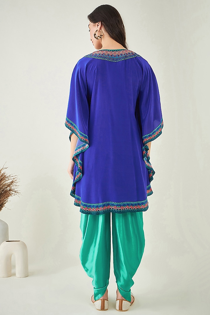 Blue Viscose Crepe & Bamberg Satin Crystal Embellished Tunic Set by First Resort by Ramola Bachchan at Pernia's Pop Up Shop