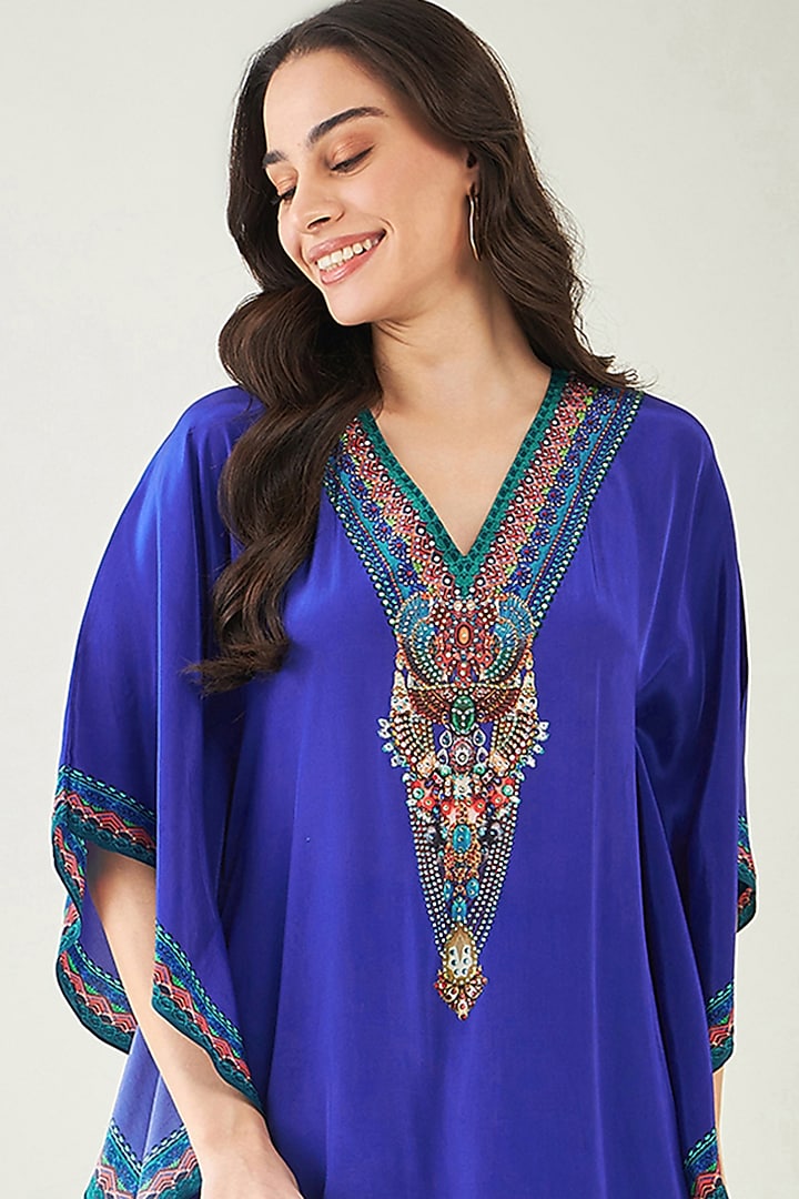 Blue Viscose Crepe & Bamberg Satin Crystal Embellished Tunic Set by First Resort by Ramola Bachchan at Pernia's Pop Up Shop