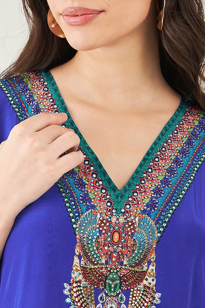 Blue Viscose Crepe & Bamberg Satin Crystal Embellished Tunic Set by First Resort by Ramola Bachchan at Pernia's Pop Up Shop