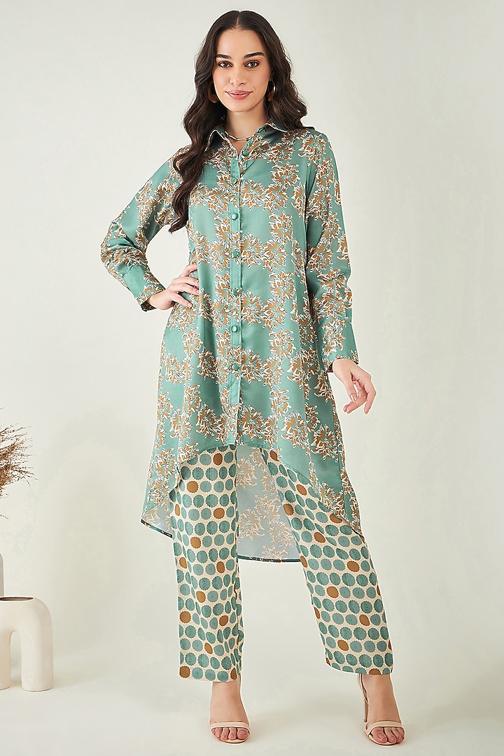 Green & Brown Modal satin Floral Printed Co-Ord Set by First Resort by Ramola Bachchan at Pernia's Pop Up Shop