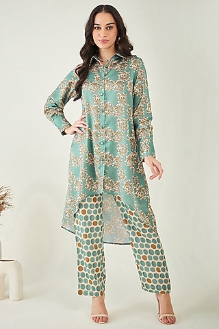 Green & Brown Modal satin Floral Printed Co-Ord Set by First Resort by Ramola Bachchan