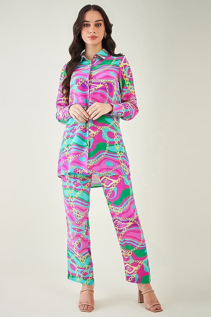 Pink & Green Viscose Crepe Marine Wave Printed Pant Set by First Resort by Ramola Bachchan at Pernia's Pop Up Shop