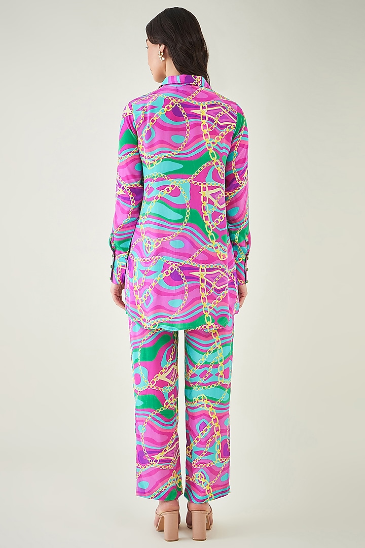Pink & Green Viscose Crepe Marine Wave Printed Pant Set by First Resort by Ramola Bachchan at Pernia's Pop Up Shop
