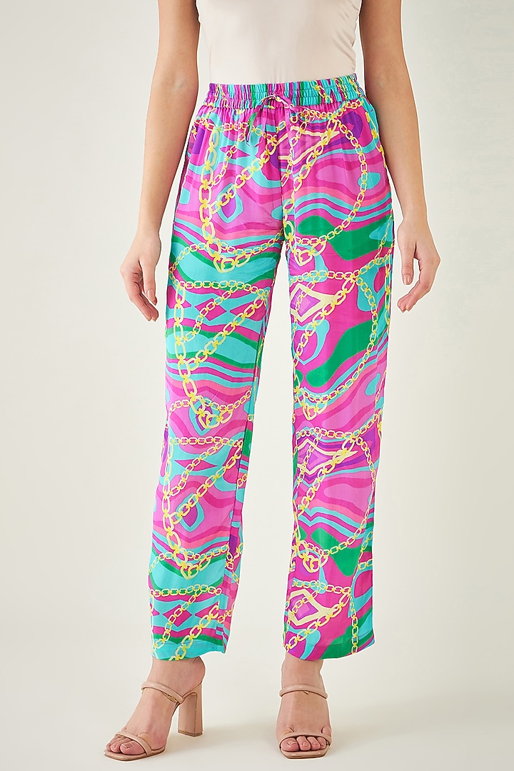Pink & Green Viscose Crepe Marine Wave Printed Pant Set by First Resort by Ramola Bachchan at Pernia's Pop Up Shop