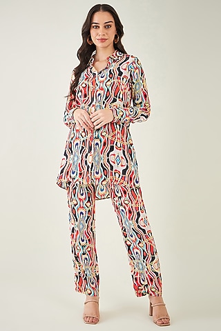Black & Red Viscose Crepe Digital Marine Wave Printed Co-Ord Set by First Resort by Ramola Bachchan